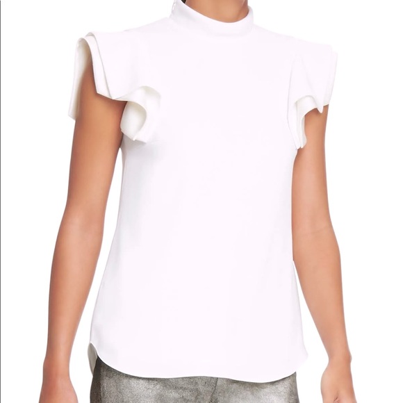 NWT Halston Architectural Short Sleeve Blouse with Mock Neck in White - Size 6 - Picture 2 of 15